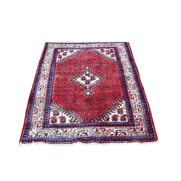 3'7"x5' Red Vintage Persian Sarouk Mir Good Condition Repetitive  Design with Geometric Pure Wool Hand Knotted Oriental Rug HR59904