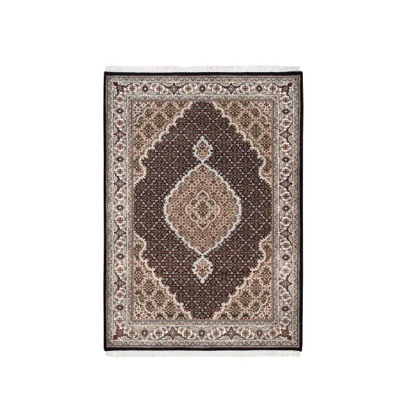 4'2"x6'1" Hand Knotted Black Tabriz Mahi Fish Medallion Design Wool And Silk Oriental Rug HR62569