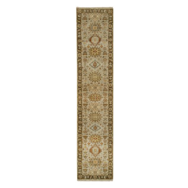 2'7"x12'1" Beige Karajeh Design with Tribal Medallions, Hand Knotted, Soft and Pure Wool Oriental Runner Rug HR63634