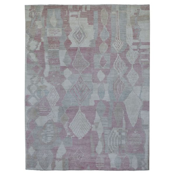 8'10"x11'9" Blush Pink Moroccan Berber with Arts and Crafts Hand Knotted Soft Natural Wool Oriental Rug HR68749