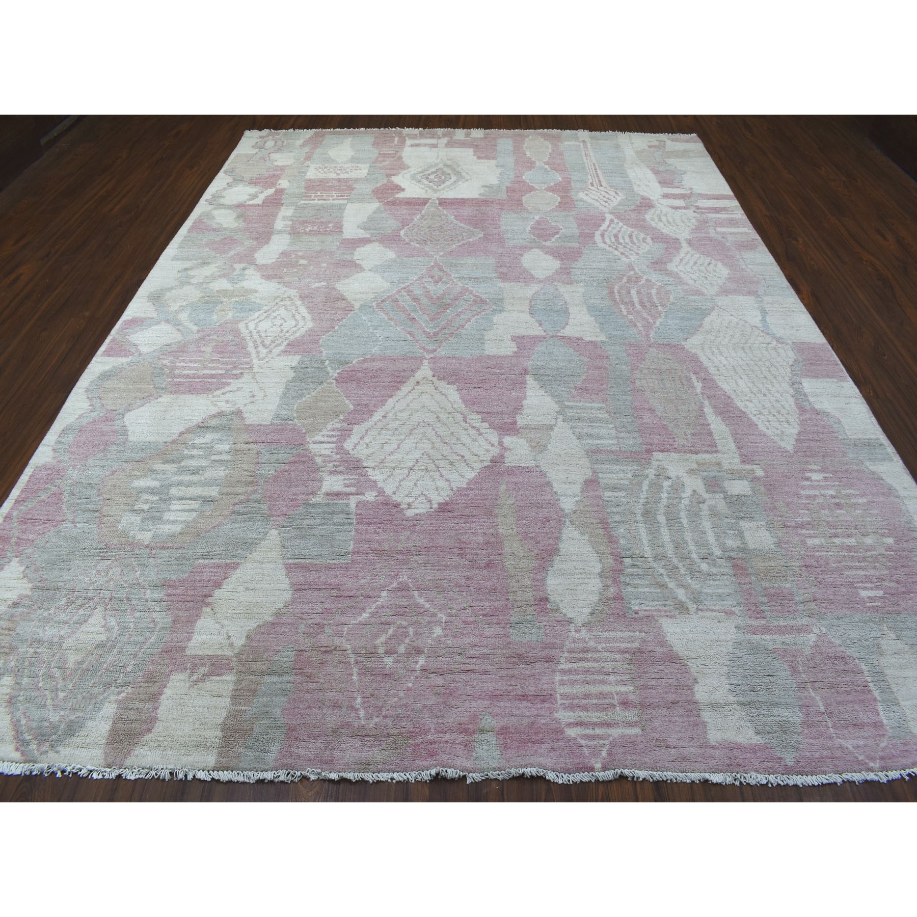 8'10"x11'9" Blush Pink Moroccan Berber with Arts and Crafts Hand Knotted Soft Natural Wool Oriental Rug HR68749 - Image 3