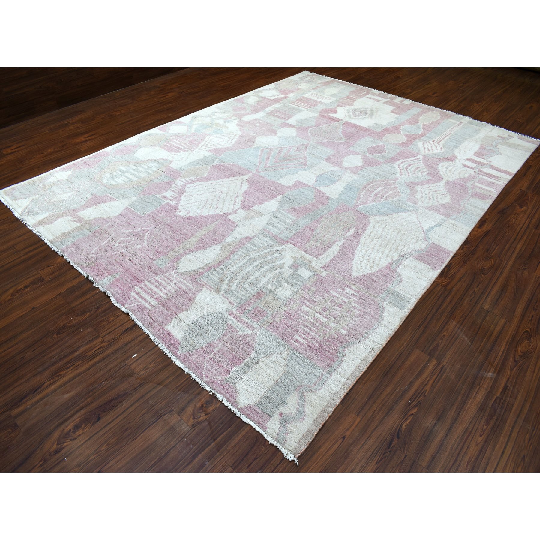 8'10"x11'9" Blush Pink Moroccan Berber with Arts and Crafts Hand Knotted Soft Natural Wool Oriental Rug HR68749 - Image 4