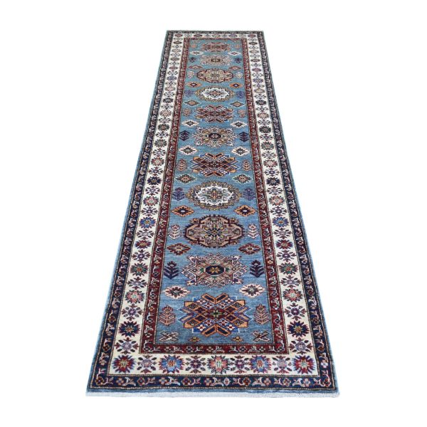 2'7"x9'10" Light Blue, Natural Dyes Afghan Super Kazak with Geometric Medallion Design Hand Knotted Pure Wool Oriental Rug HR71291