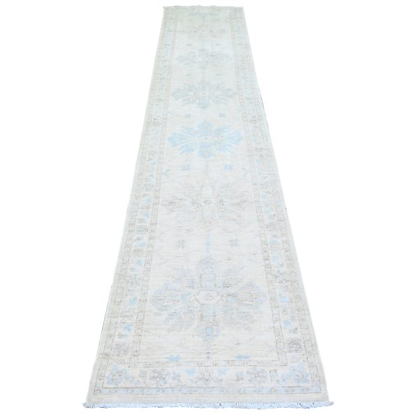 2'4"x11'7" Ivory, White Wash Peshawar with Large Geometric Motifs Natural Dyes, Pure Wool Hand Knotted, Runner Oriental Rug HR74069