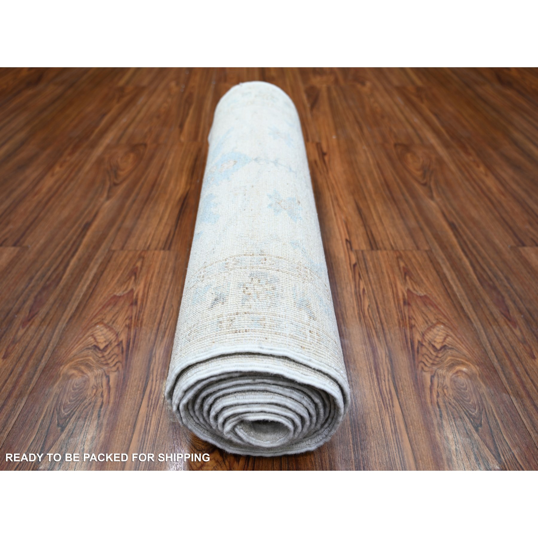 2'4"x11'7" Ivory, White Wash Peshawar with Large Geometric Motifs Natural Dyes, Pure Wool Hand Knotted, Runner Oriental Rug HR74069 - Image 4