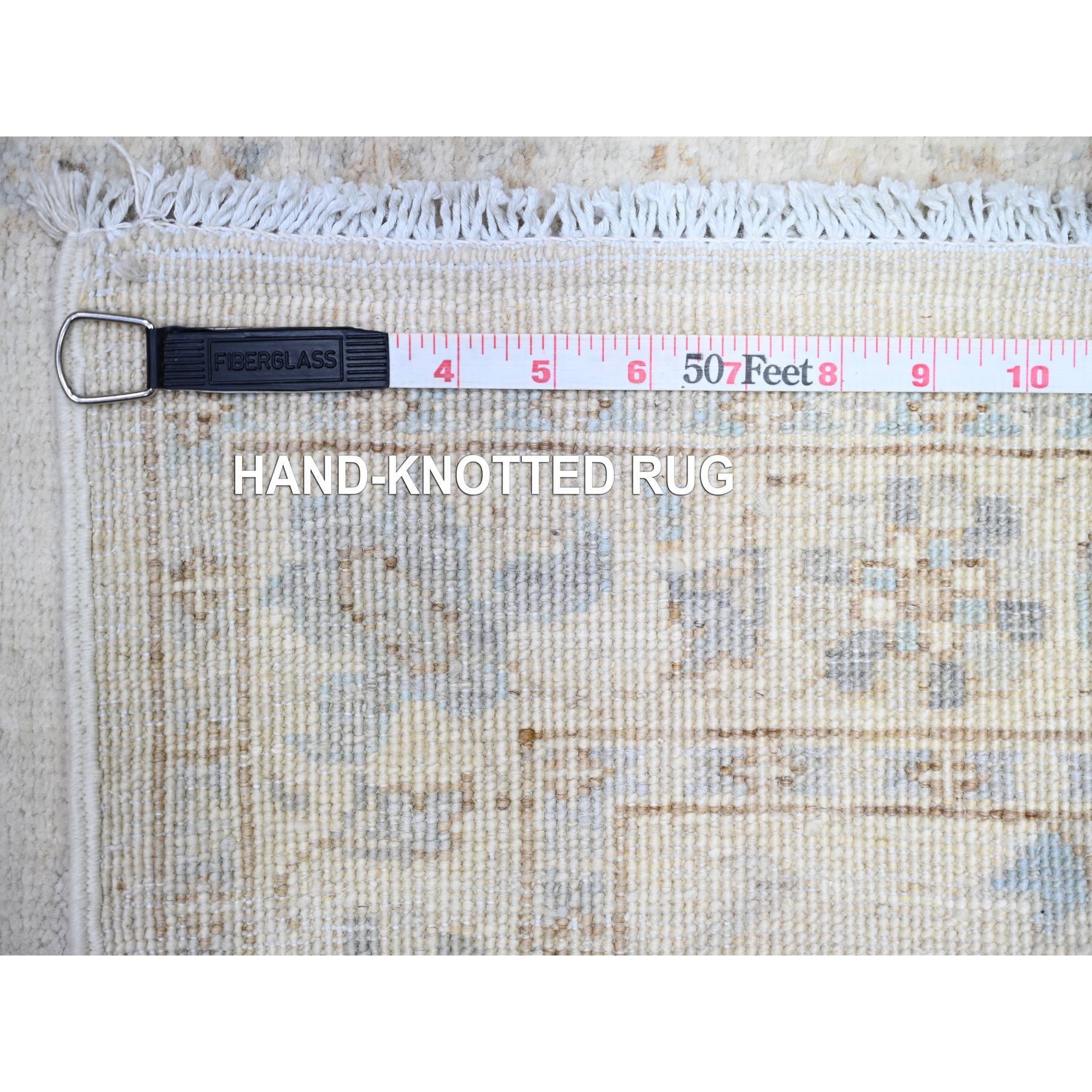 2'4"x11'7" Ivory, White Wash Peshawar with Large Geometric Motifs Natural Dyes, Pure Wool Hand Knotted, Runner Oriental Rug HR74069 - Image 6