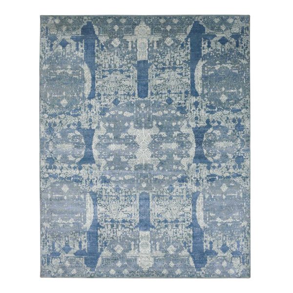 7'10"x10' Blue Wool and Pure Silk Hand Knotted Jewellery Design with Soft Colors Oriental Rug HR75092