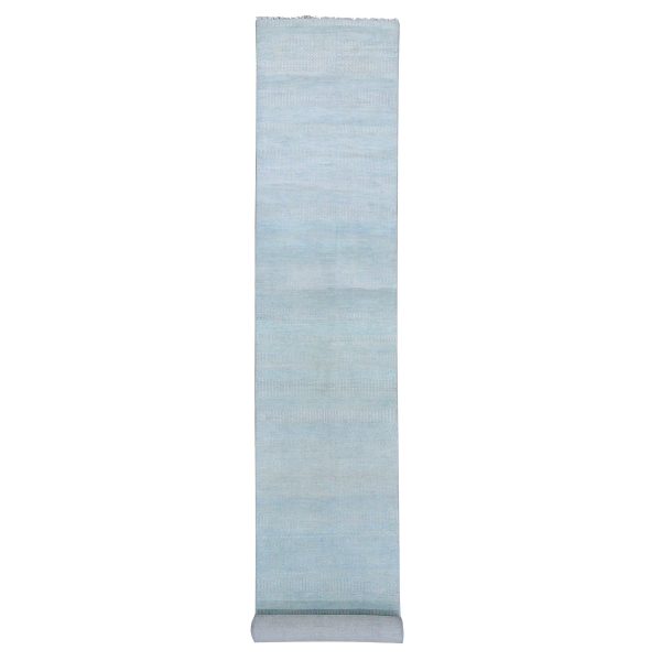 2'8"x15' Light Blue, Hand Knotted Modern Grass Design Gabbeh, Densely Woven Wool and Silk, XL Runner Oriental Rug HR79152