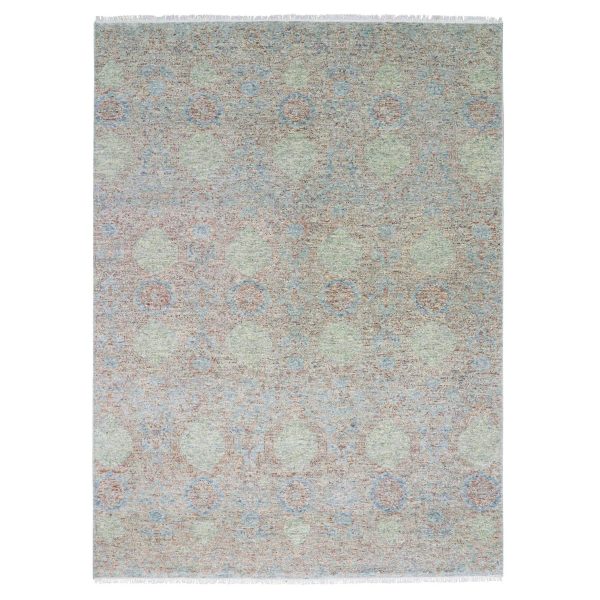 9'2"x12'  Green, Tone on tone obscured and subtle, Natural Dyes, Soft Wool, Hand Knotted  Oriental Rug HR79434