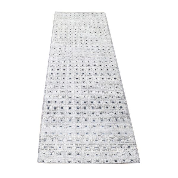 2'8"x8'1" Ivory, Modern with Squares Design, Pure Silk with Textured Wool Hand Knotted, Runner Oriental Rug HR80149
