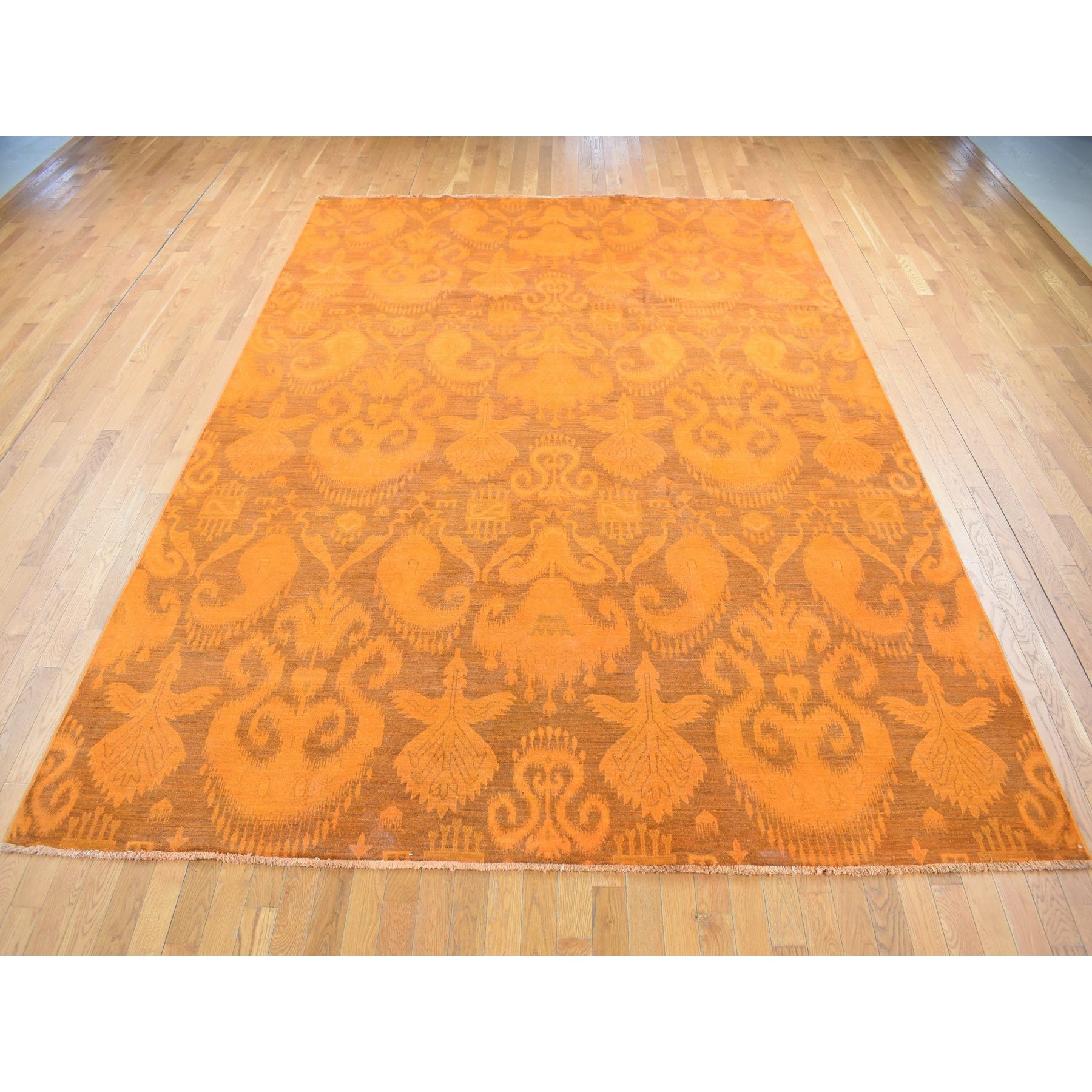 9'1"x12'3" Hand Knotted Pure Wool, Orange Cast Overdyed Ikat Oriental Rug HR80735 - Image 3