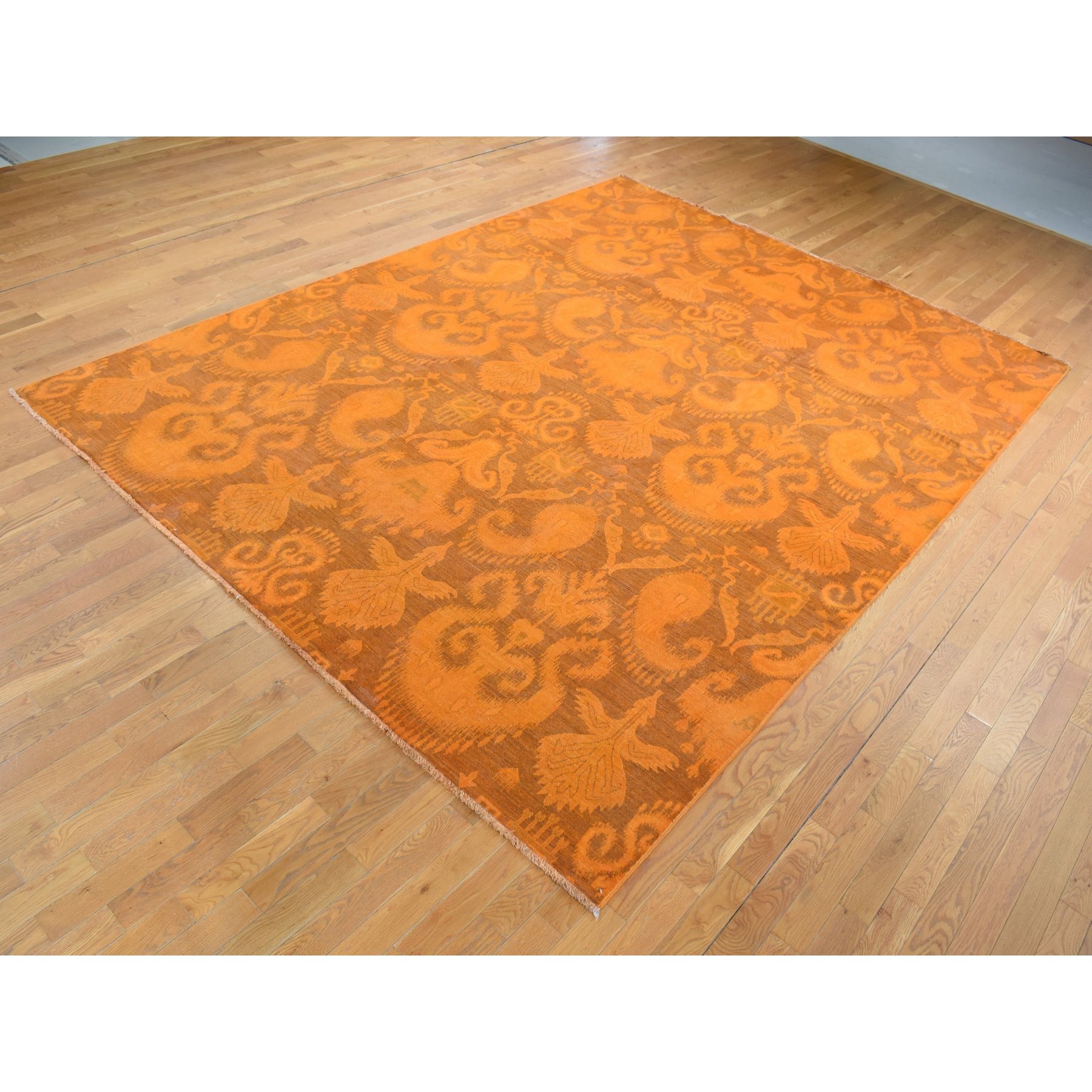9'1"x12'3" Hand Knotted Pure Wool, Orange Cast Overdyed Ikat Oriental Rug HR80735 - Image 4