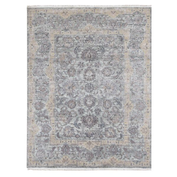 7'10"x10' Light Green, Pure Silk with Textured Wool Mughal Design Hand Knotted Oriental Rug HR80739