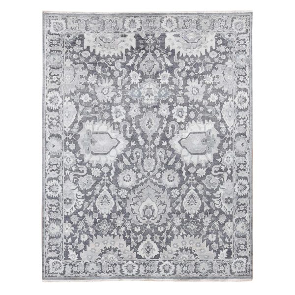 7'9"x10' Thunder Gray, Hand Knotted Oushak Influence Silk with Textured Wool Oriental Rug HR80740