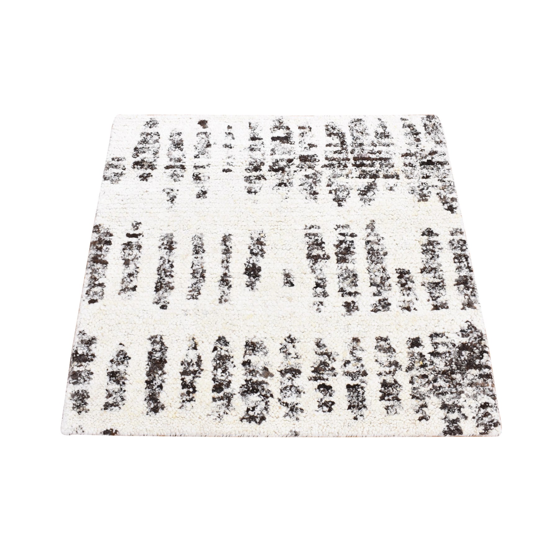 3'x3' Black, Modern Erased Column Design, Thick and Plush, Pure Wool, Hand Knotted, Small Square Oriental Rug HR80747