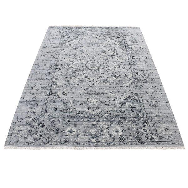 5'1"x7' Black Coral, Broken Persian, Erased Design, Silk With Textured Wool, Hand Knotted, Oriental Rug HR80772