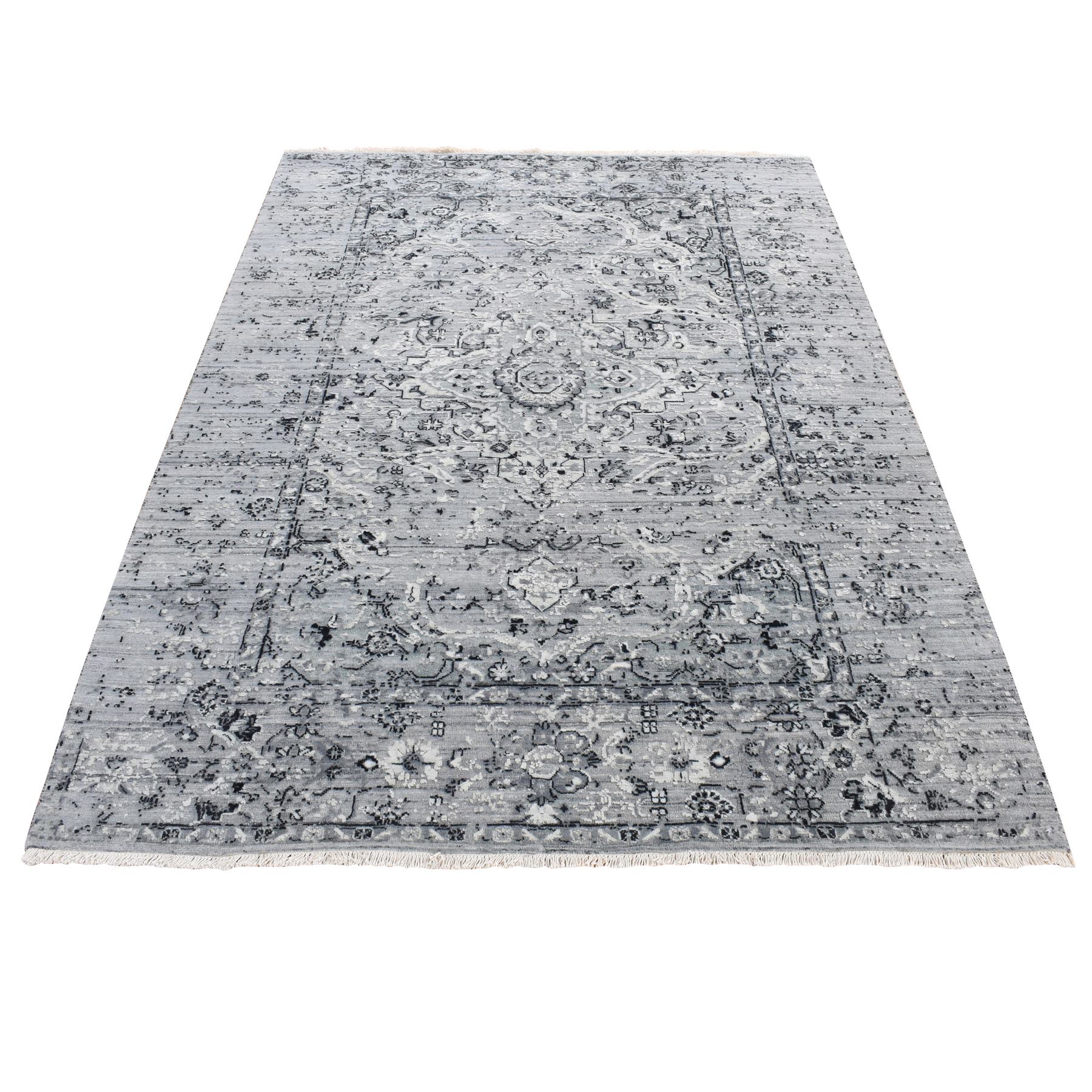 5'1"x7' Black Coral, Broken Persian, Erased Design, Silk With Textured Wool, Hand Knotted, Oriental Rug HR80772