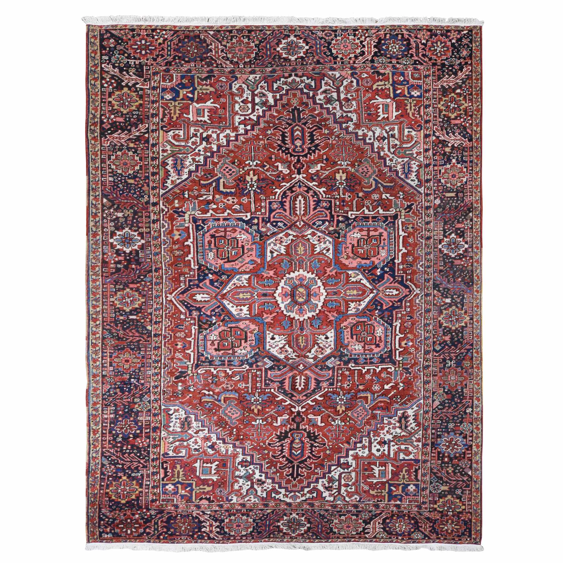 8'10"x11'8" Chili Red, Antique Persian Heriz, Soft and Full Pile, Pure Wool, Sides and Ends Professionally Secured, cleaned, Hand Knotted, Oriental Rug HR80776