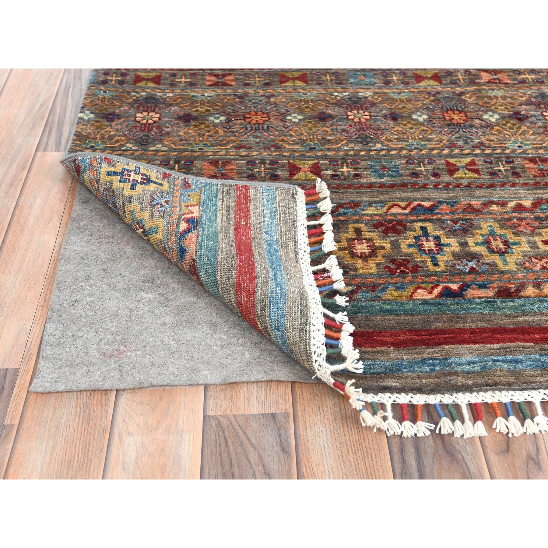 9'10"x13'2" Colorful, Afghan Super Kazak with Khorjin Design, Natural Dyes, Organic Wool, Hand Knotted, Oriental Rug HR82687 - Image 5
