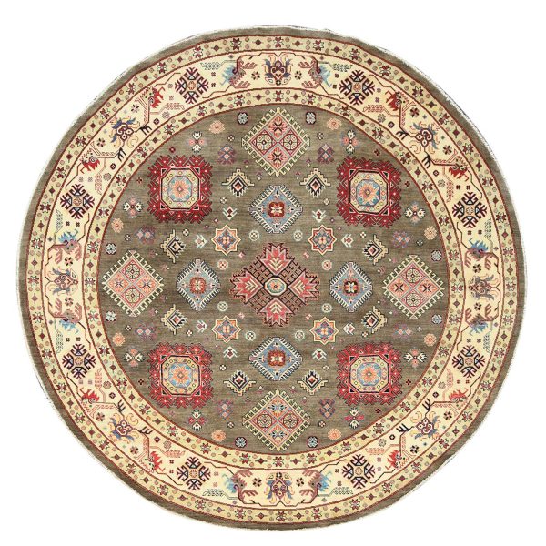 9,x9' Taupe Brown, Special Kazak with All Over Pattern Natural Dyes, Organic Wool Hand Knotted, Round Oriental Rug HR82711