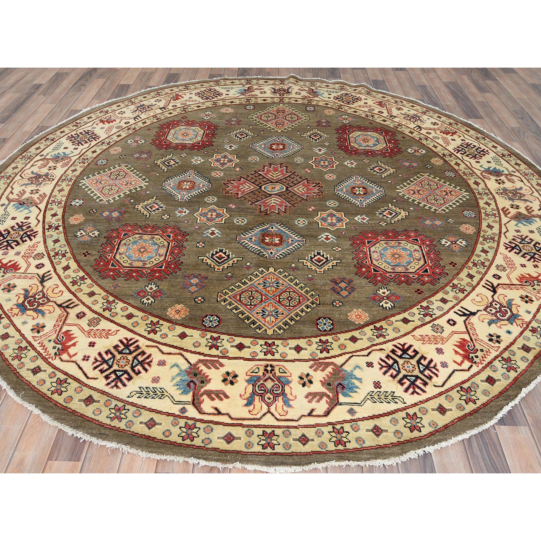 9,x9' Taupe Brown, Special Kazak with All Over Pattern Natural Dyes, Organic Wool Hand Knotted, Round Oriental Rug HR82711 - Image 3