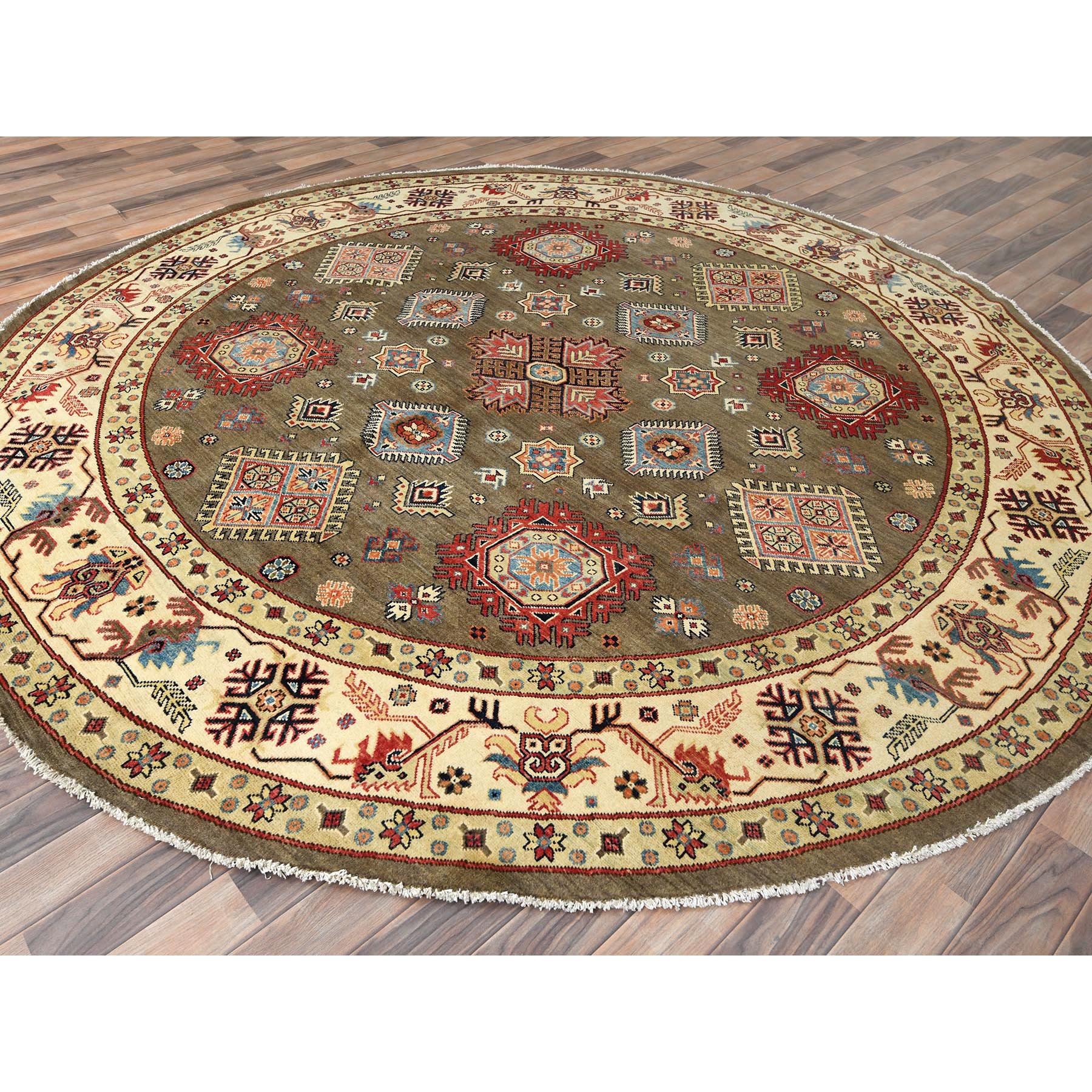 9,x9' Taupe Brown, Special Kazak with All Over Pattern Natural Dyes, Organic Wool Hand Knotted, Round Oriental Rug HR82711 - Image 4
