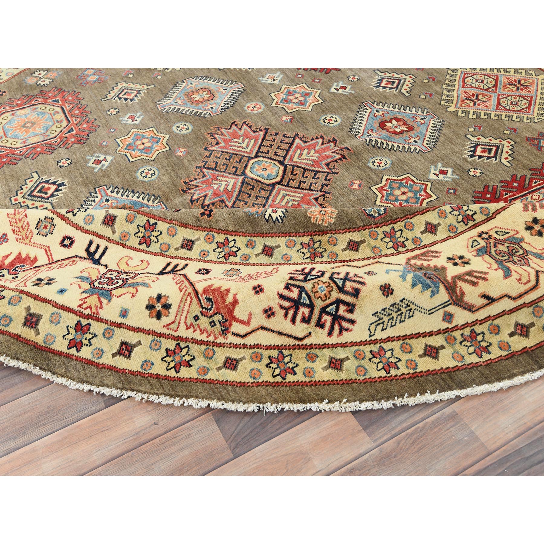 9,x9' Taupe Brown, Special Kazak with All Over Pattern Natural Dyes, Organic Wool Hand Knotted, Round Oriental Rug HR82711 - Image 5