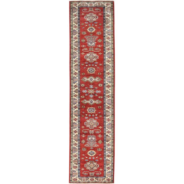 2'10"x11'7" Fire Brick, Afghan Super Kazak With Geometric Medallions Natural Dyes, Dense Weave, Extra Soft Wool, Hand Knotted, Runner Oriental Rug HR82905