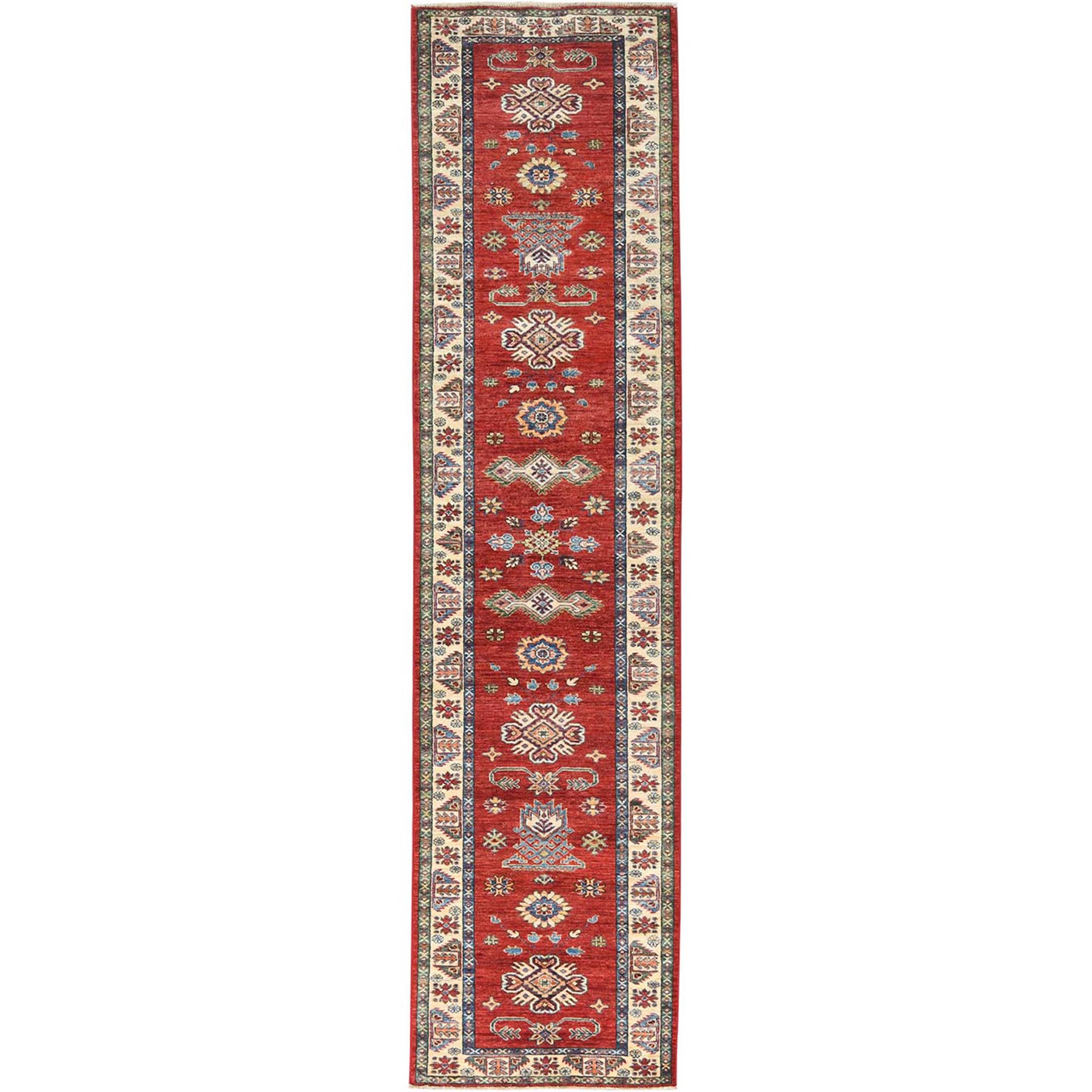 2'10"x11'7" Fire Brick, Afghan Super Kazak With Geometric Medallions Natural Dyes, Dense Weave, Extra Soft Wool, Hand Knotted, Runner Oriental Rug HR82905