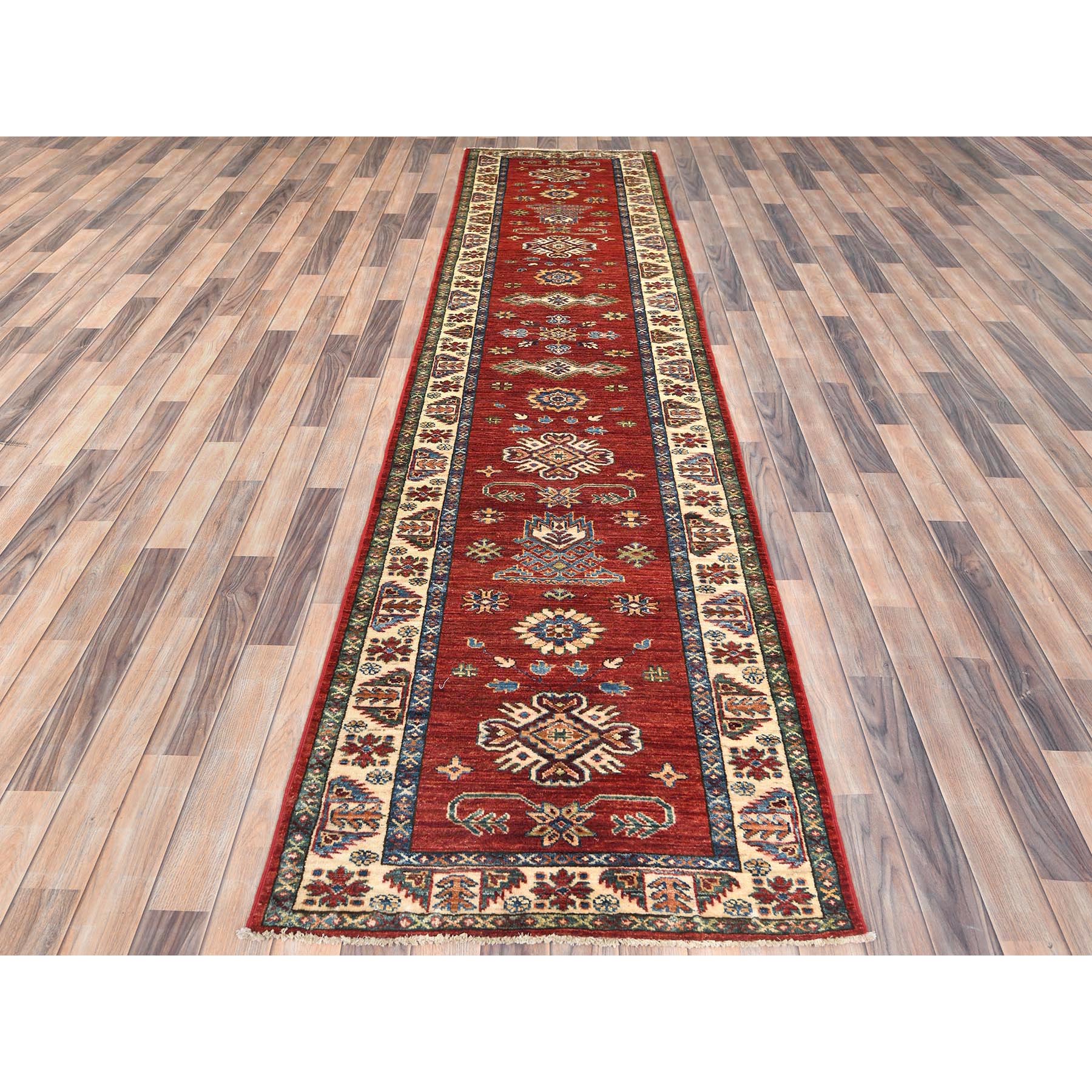 2'10"x11'7" Fire Brick, Afghan Super Kazak With Geometric Medallions Natural Dyes, Dense Weave, Extra Soft Wool, Hand Knotted, Runner Oriental Rug HR82905 - Image 2