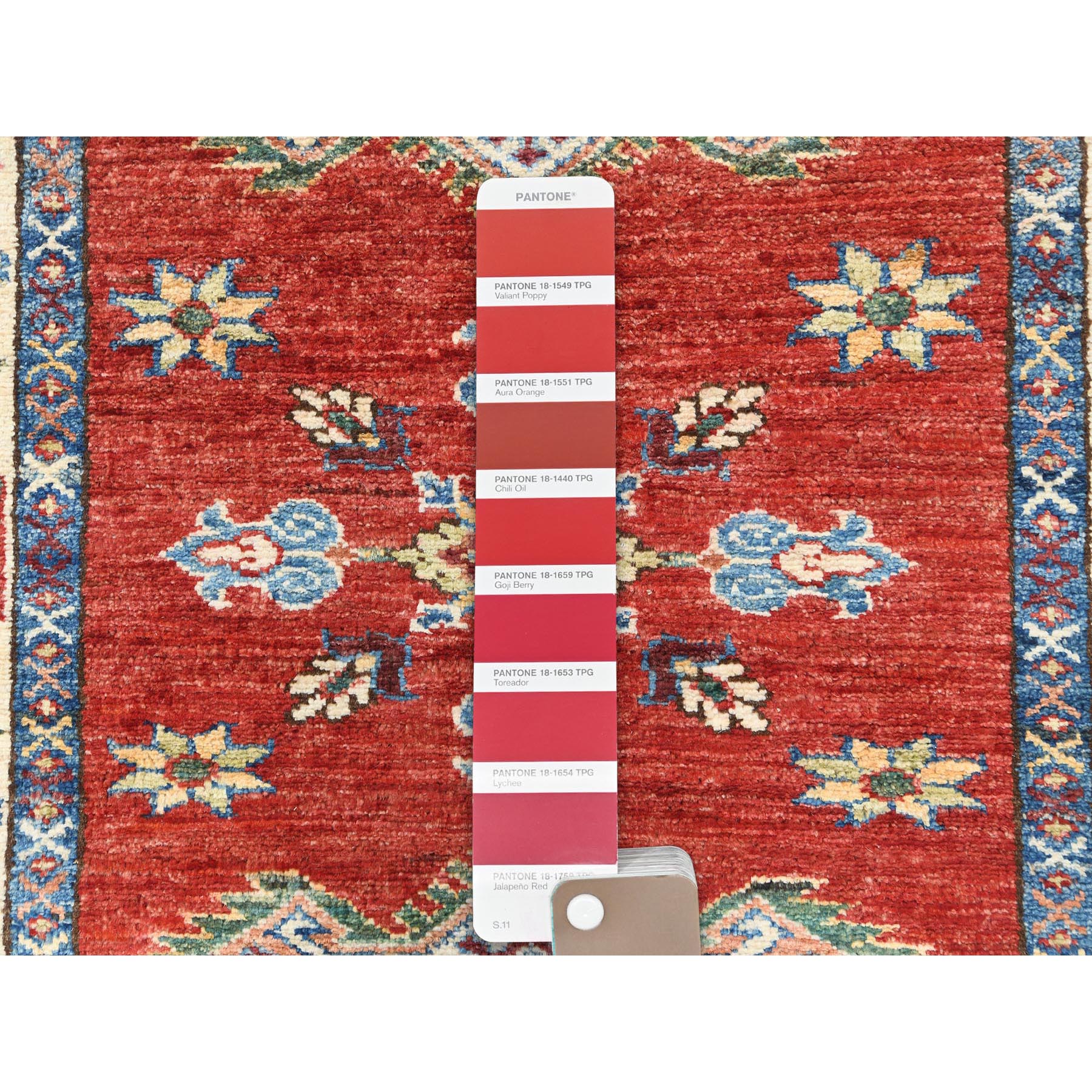2'10"x11'7" Fire Brick, Afghan Super Kazak With Geometric Medallions Natural Dyes, Dense Weave, Extra Soft Wool, Hand Knotted, Runner Oriental Rug HR82905 - Image 4