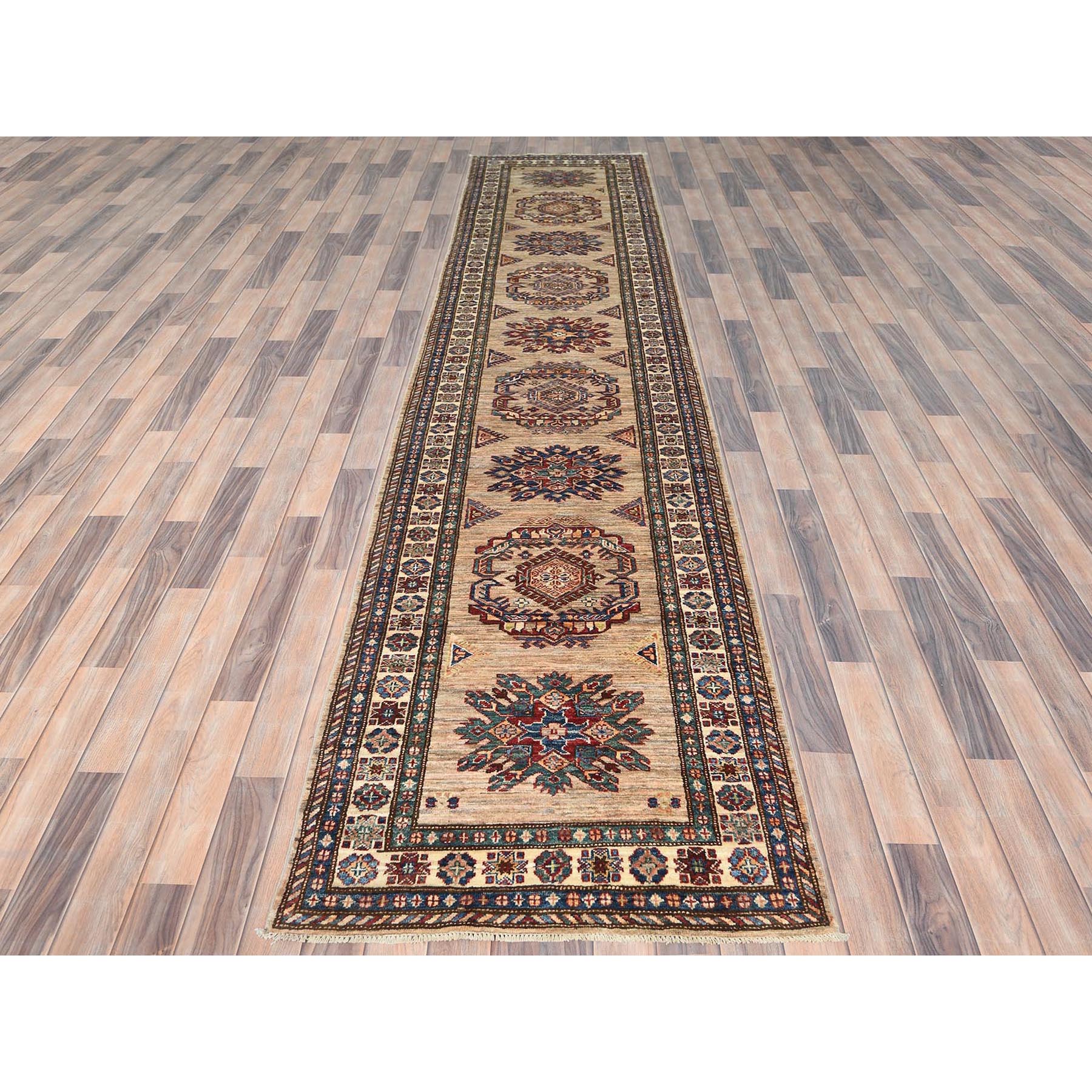 3'x13'6" Tortilla Brown, Hand Knotted Afghan Super Kazak with Geometric Medallions Design, Natural Dyes Dense Weave, Extra Soft Wool, Runner Oriental Rug HR82911 - Image 2