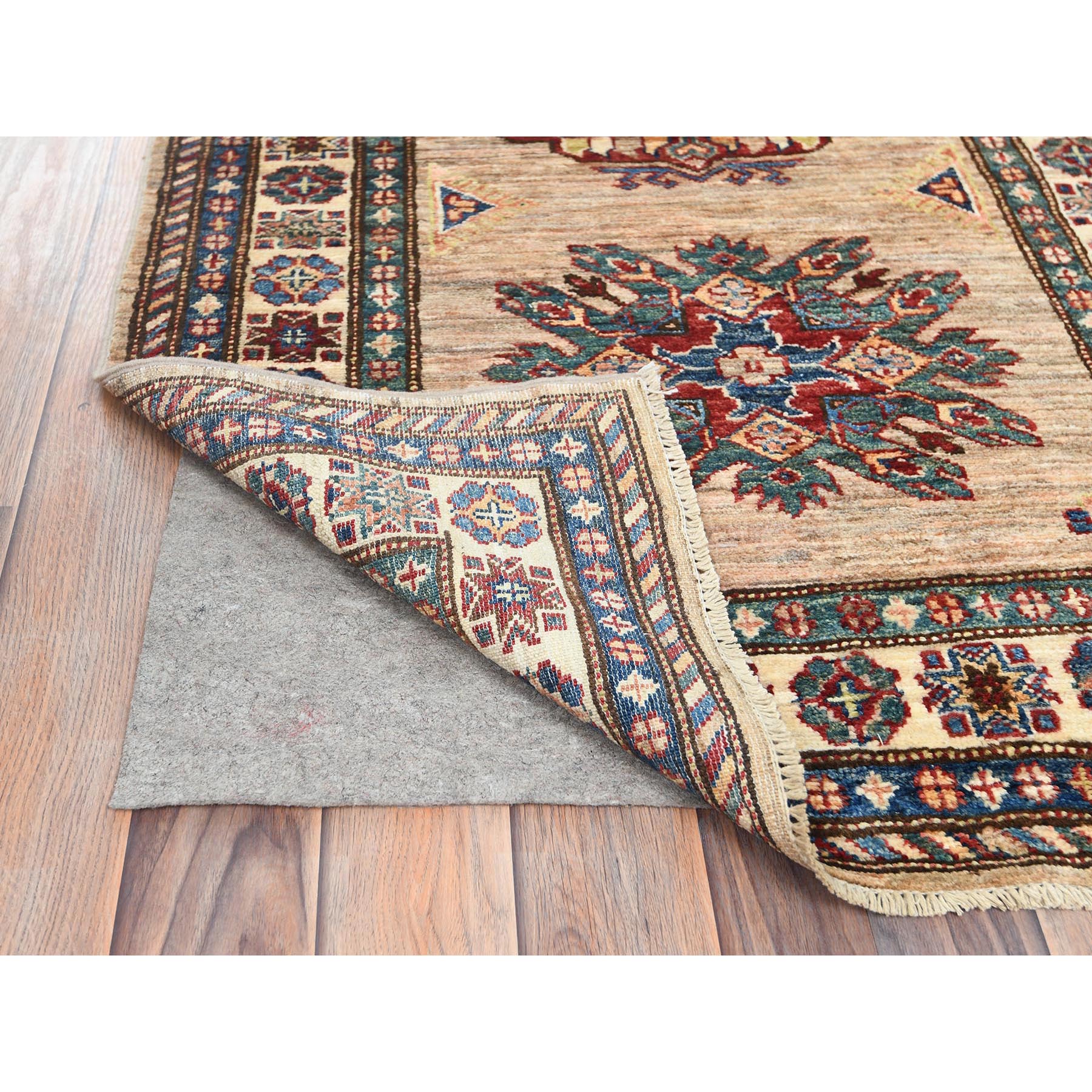3'x13'6" Tortilla Brown, Hand Knotted Afghan Super Kazak with Geometric Medallions Design, Natural Dyes Dense Weave, Extra Soft Wool, Runner Oriental Rug HR82911 - Image 3
