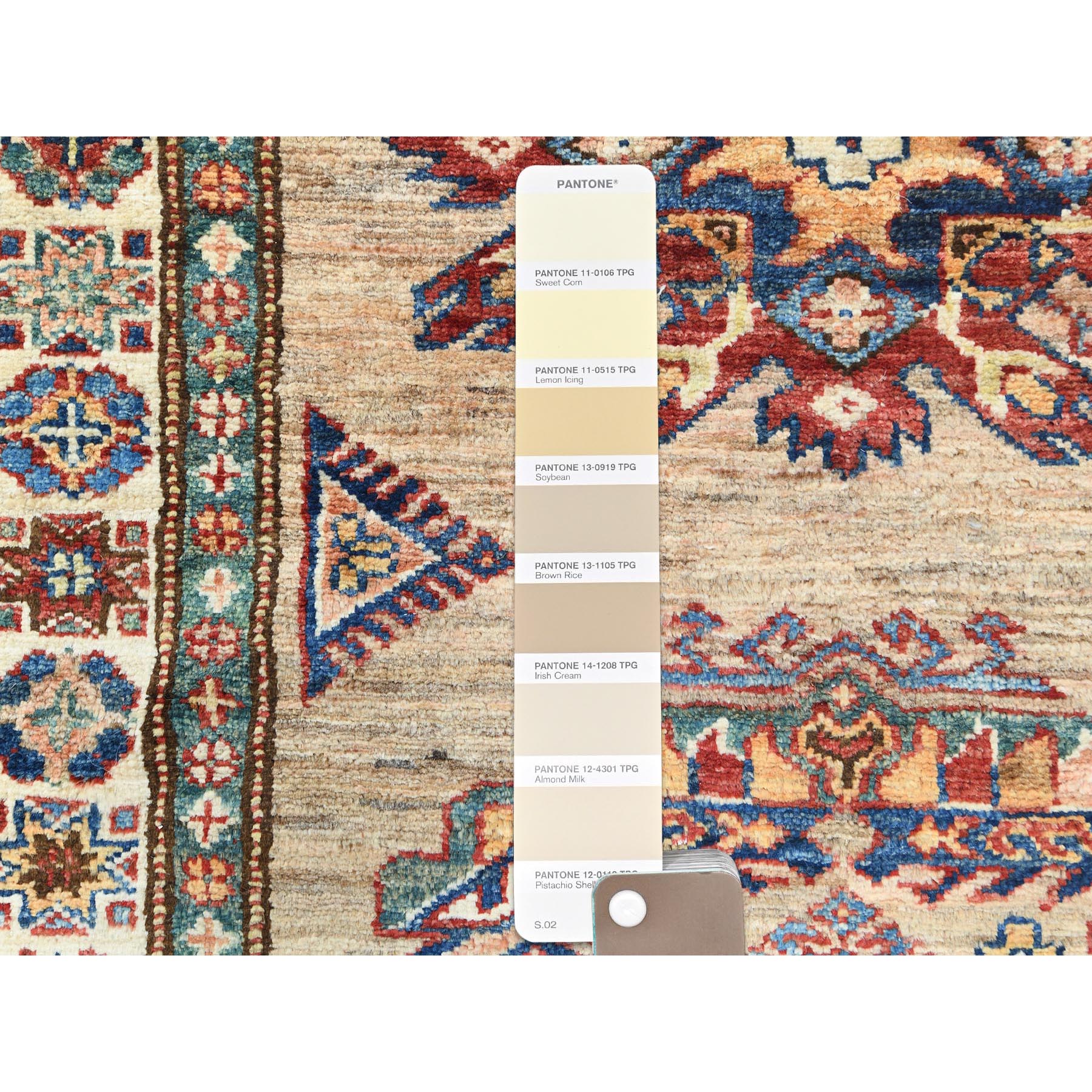 3'x13'6" Tortilla Brown, Hand Knotted Afghan Super Kazak with Geometric Medallions Design, Natural Dyes Dense Weave, Extra Soft Wool, Runner Oriental Rug HR82911 - Image 4