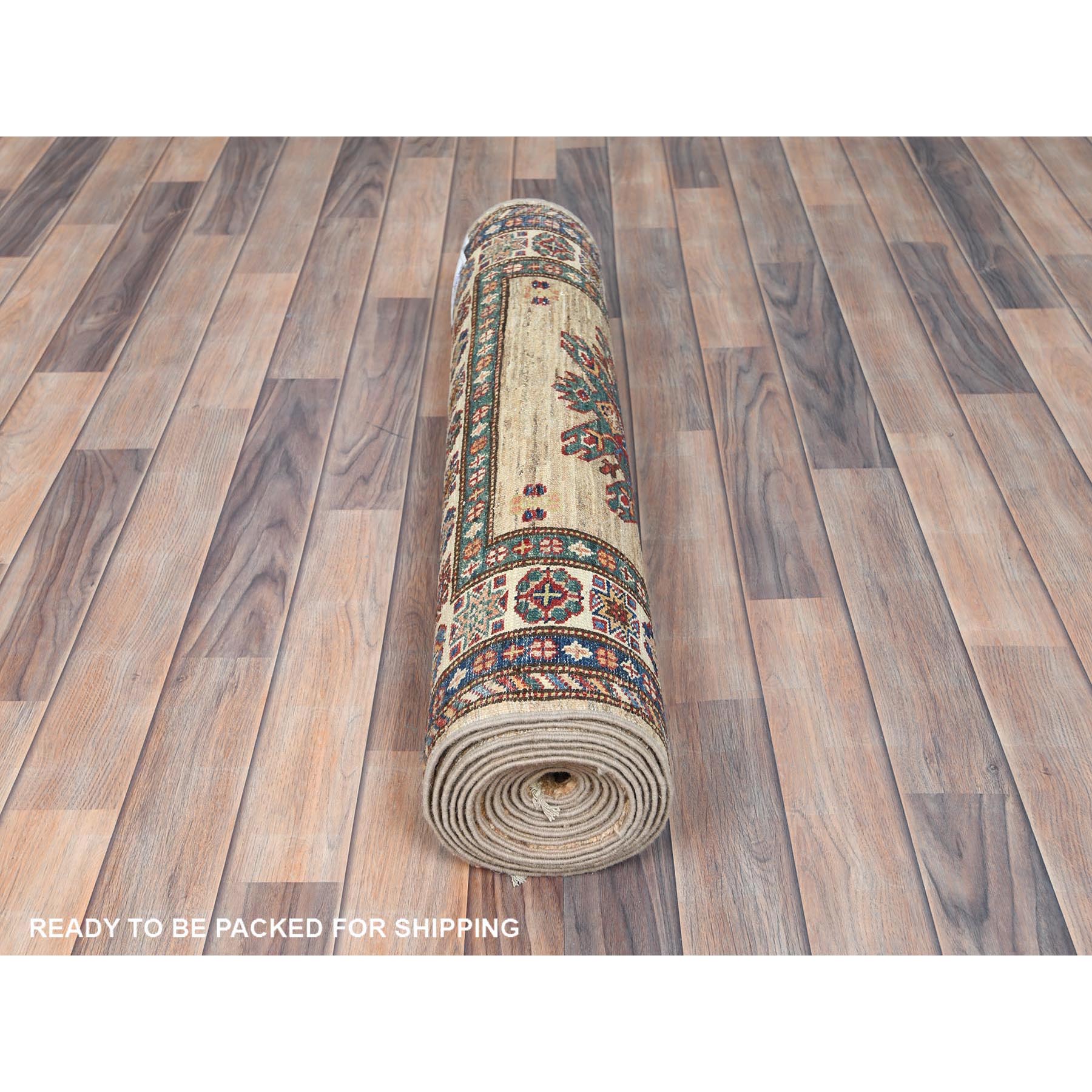 3'x13'6" Tortilla Brown, Hand Knotted Afghan Super Kazak with Geometric Medallions Design, Natural Dyes Dense Weave, Extra Soft Wool, Runner Oriental Rug HR82911 - Image 5