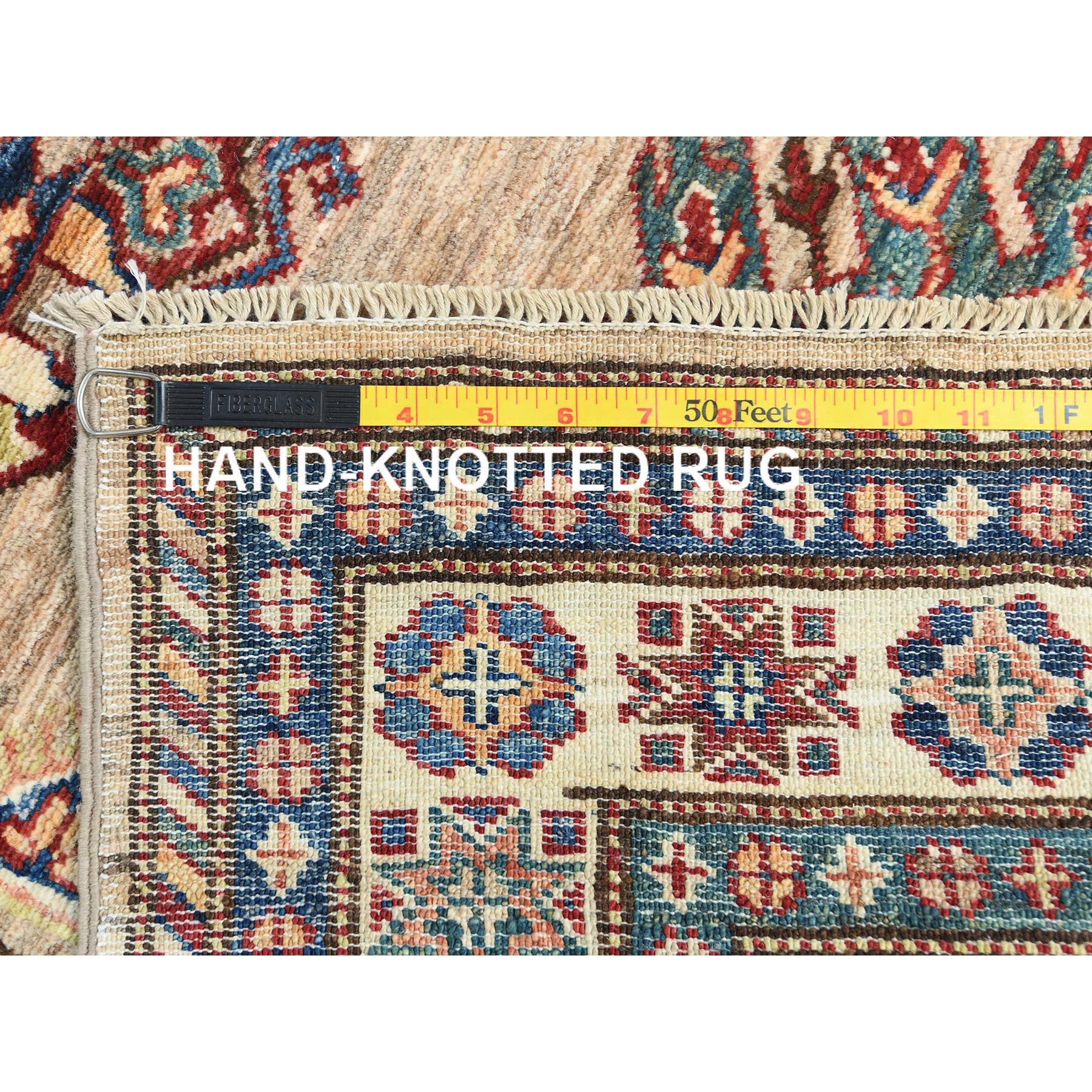 3'x13'6" Tortilla Brown, Hand Knotted Afghan Super Kazak with Geometric Medallions Design, Natural Dyes Dense Weave, Extra Soft Wool, Runner Oriental Rug HR82911 - Image 7