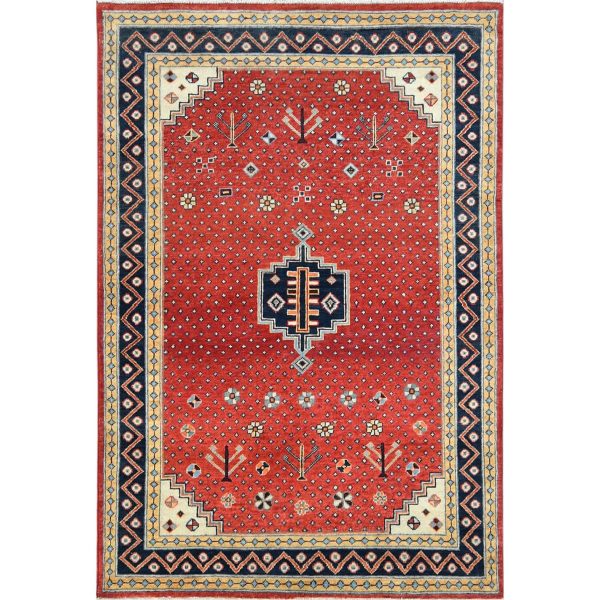 4'x5'9" Imperial Red, Special Kazak with Large Medallion, Natural Dyes, Organic Wool, Hand Knotted, Oriental Rug HR82949