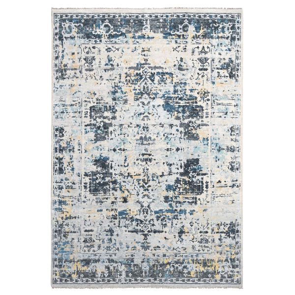 8'10"x 12' Ivory and Blue, Hand Knotted, Wool and Silk, Erased Persian Serapi Heriz Design, Oriental Rug HR84302