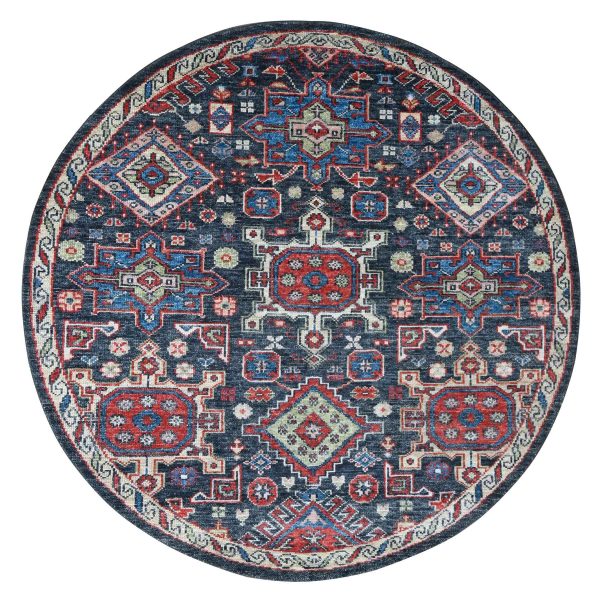 7'9"x7'9" Midnight Blue, Karajeh Heriz Geometric Design, Supple Collection, Thick and Plush, Pure Wool Hand Knotted, Round Oriental Rug HR84319