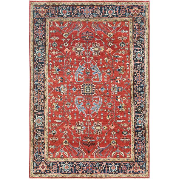 6'1"x9'1" Imperial Red, Afghan Peshawar with All Over Heriz Design, Natural Dyes, Dense Weave, Pure Wool, Hand Knotted, Oriental Rug HR85022