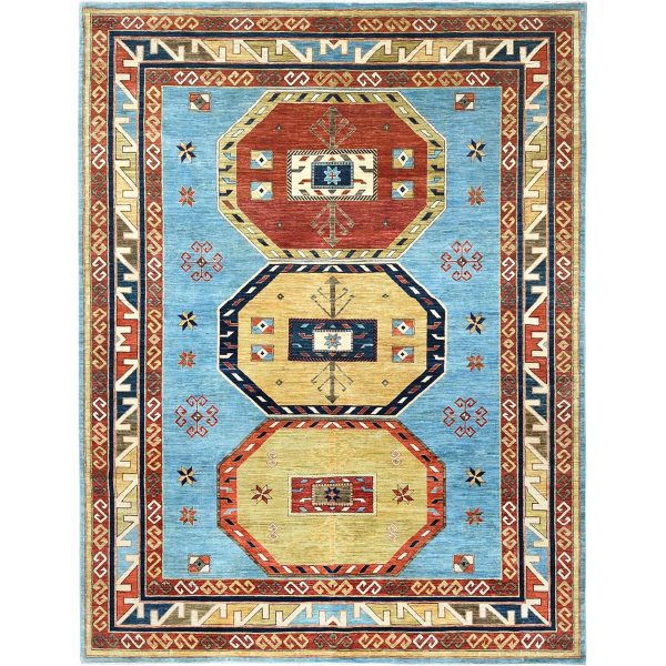 9'x11'10" Sky Blue, Armenian Inspired Caucasian Design Vegetable Dyes, 200 KPSI Pure Wool Hand Knotted, Oriental Rug HR85032
