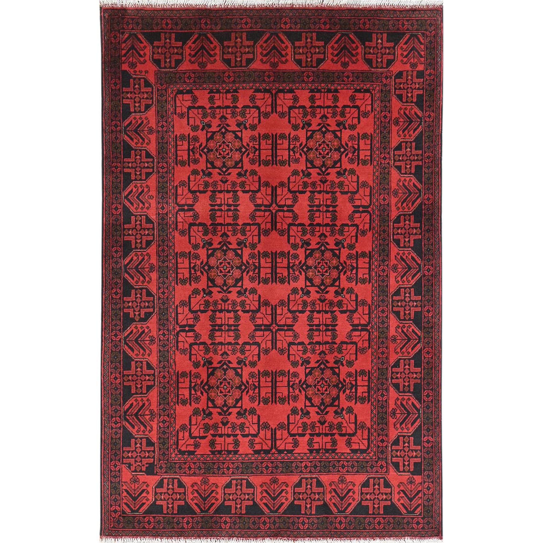 4'2"x6'5" Rose Red, Afghan Andkhoy with Village Design, Organic Wool, Hand Knotted Oriental Rug HR85108