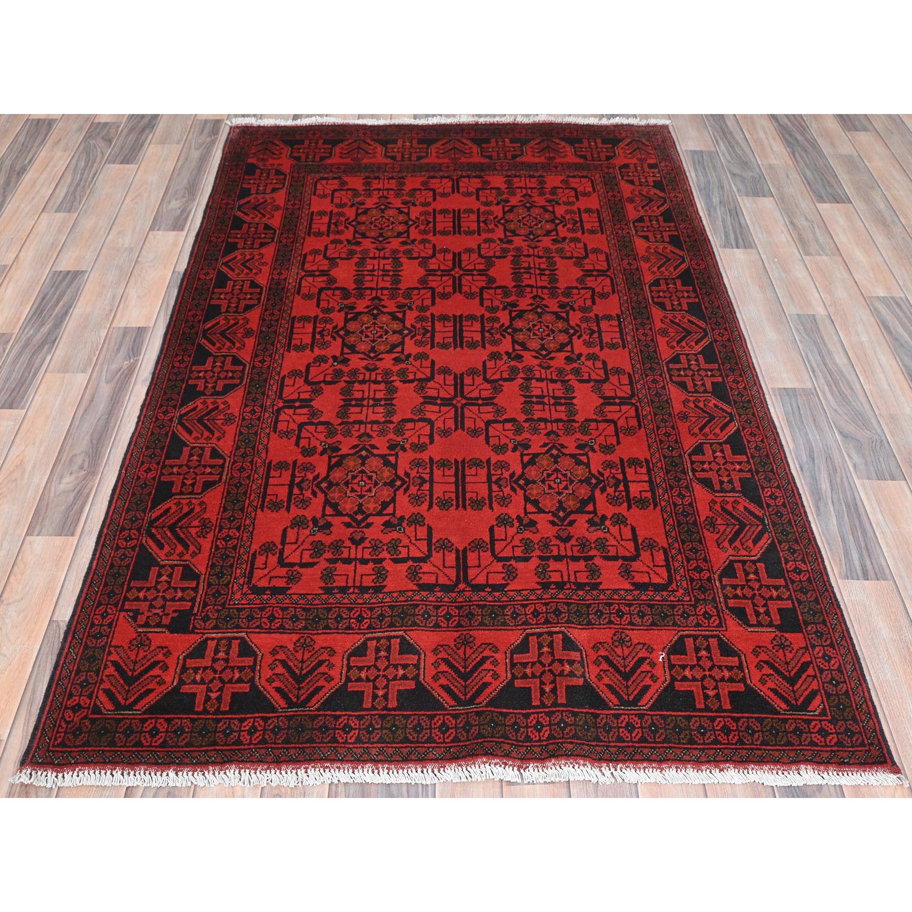 4'2"x6'5" Rose Red, Afghan Andkhoy with Village Design, Organic Wool, Hand Knotted Oriental Rug HR85108 - Image 2