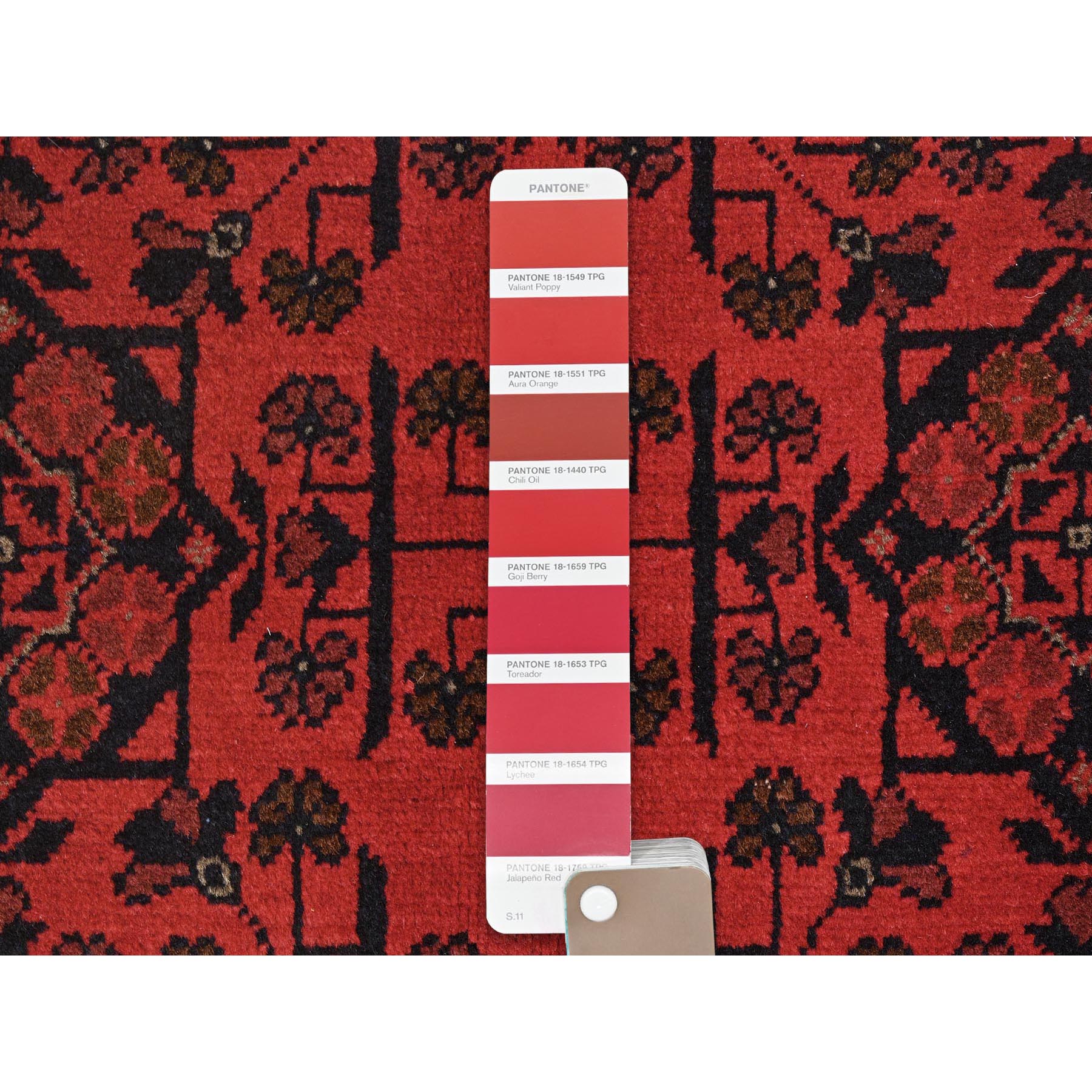 4'2"x6'5" Rose Red, Afghan Andkhoy with Village Design, Organic Wool, Hand Knotted Oriental Rug HR85108 - Image 4