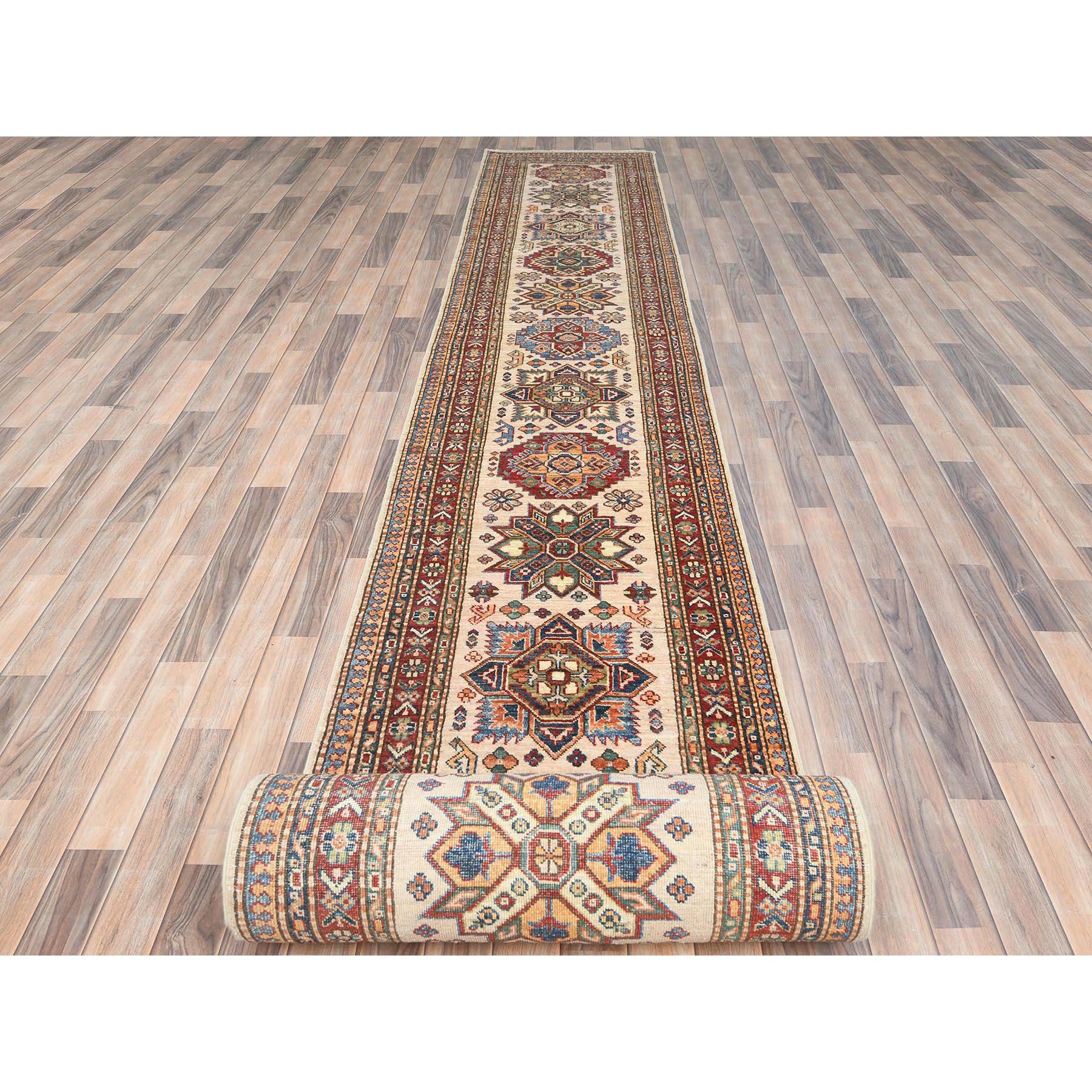 2'9"x35'8" Ivory, Afghan Super Kazak with Geometric Medallion Design, Natural Dyes, Soft Wool Hand Knotted, XL Runner Oriental Rug HR85291 - Image 2