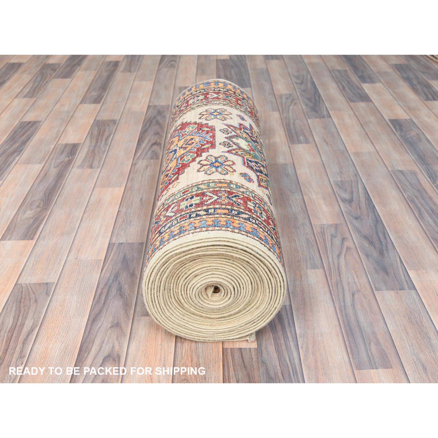 2'9"x35'8" Ivory, Afghan Super Kazak with Geometric Medallion Design, Natural Dyes, Soft Wool Hand Knotted, XL Runner Oriental Rug HR85291 - Image 5