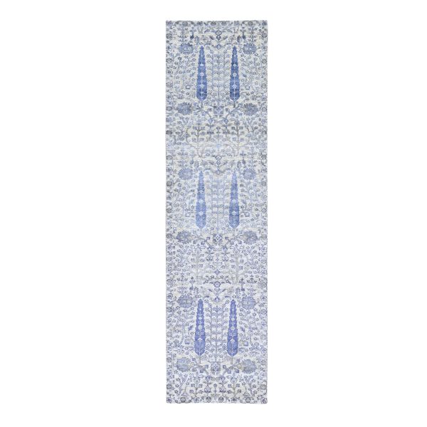 2'7"x10'1" Ivory Willow and Cypress Tree Design Silk with Textured Wool Hand Knotted Runner Oriental Rug HR59590