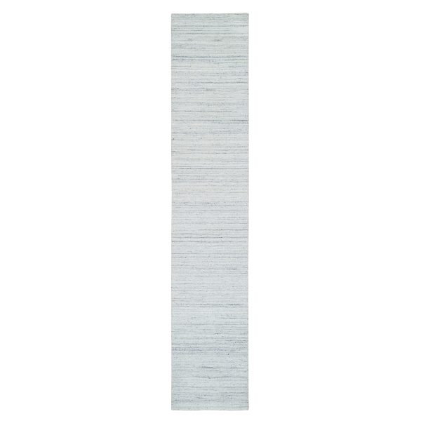 2'8"x14' Ivory, Plain Modern Striae Design, Natural Dyes, Soft and Vibrant Pile, Organic Wool, Hand Loomed, Runner Oriental Rug HR65569