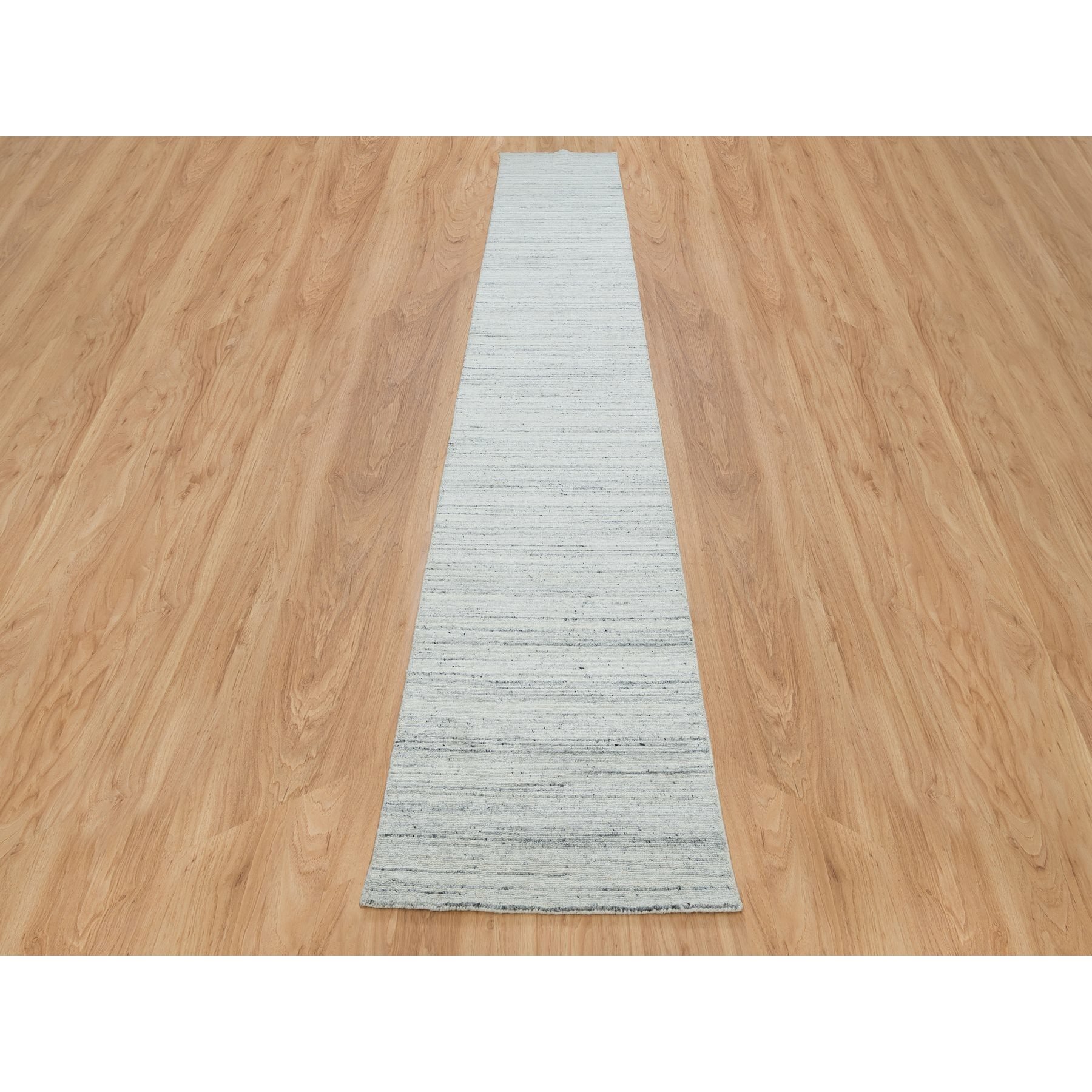 2'5"x15'9" Ivory, Soft Pile, Plain Modern Striae Design, Pure Wool, Hand Loomed, Runner Oriental Rug HR65571 - Image 2