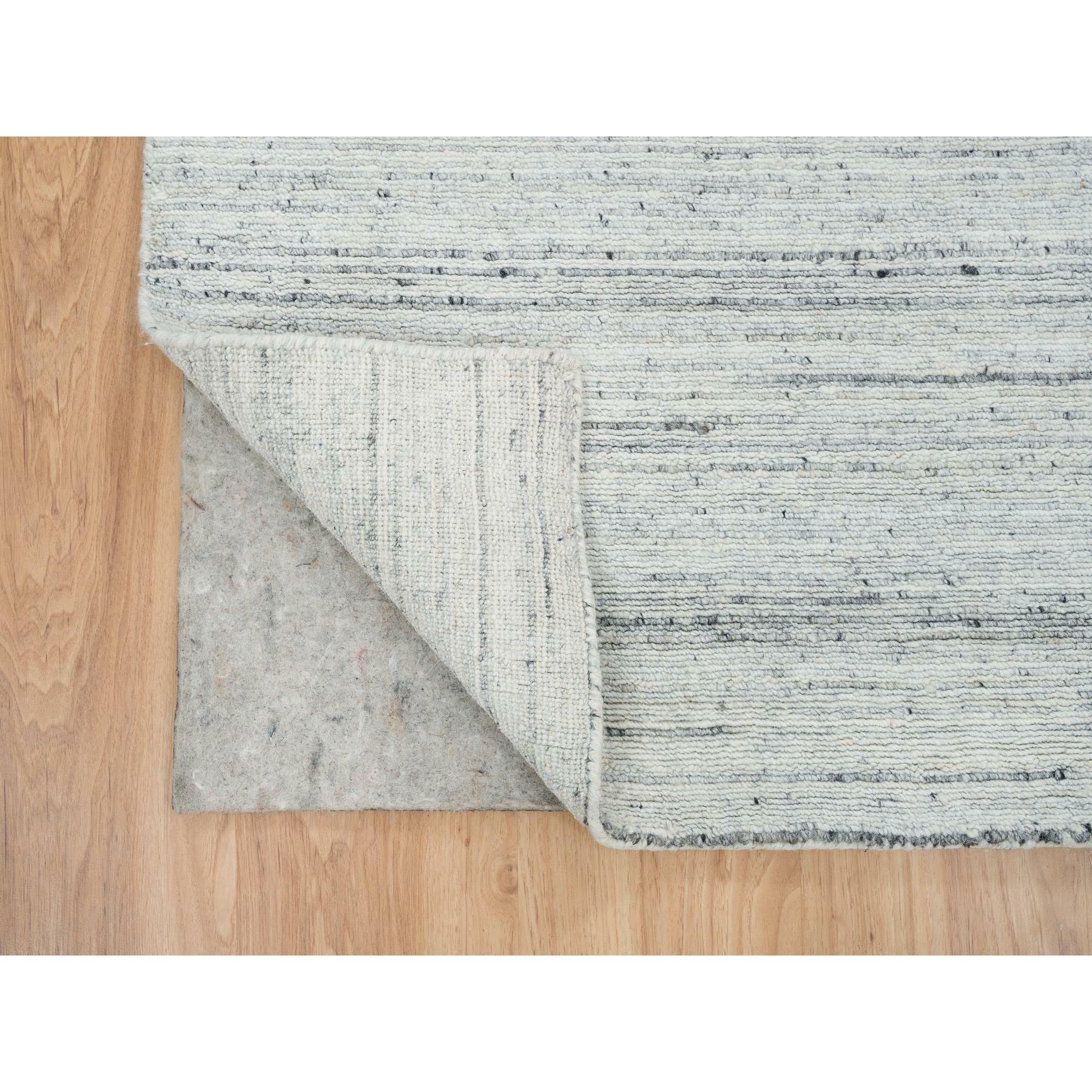 2'5"x15'9" Ivory, Soft Pile, Plain Modern Striae Design, Pure Wool, Hand Loomed, Runner Oriental Rug HR65571 - Image 3